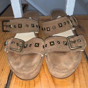 Suede Cognac Wedge Sandal With Stud Detail